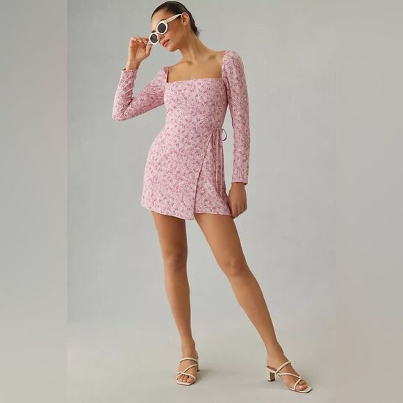 Reformation Rosalie Pink Floral Long Sleeve Crepe Dress Size 8 - Picture 1 of 5